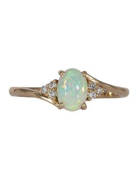 Oval Cabochon Ethiopian Opal & Diamond Accent Ring in Solid 14K Yellow Gold